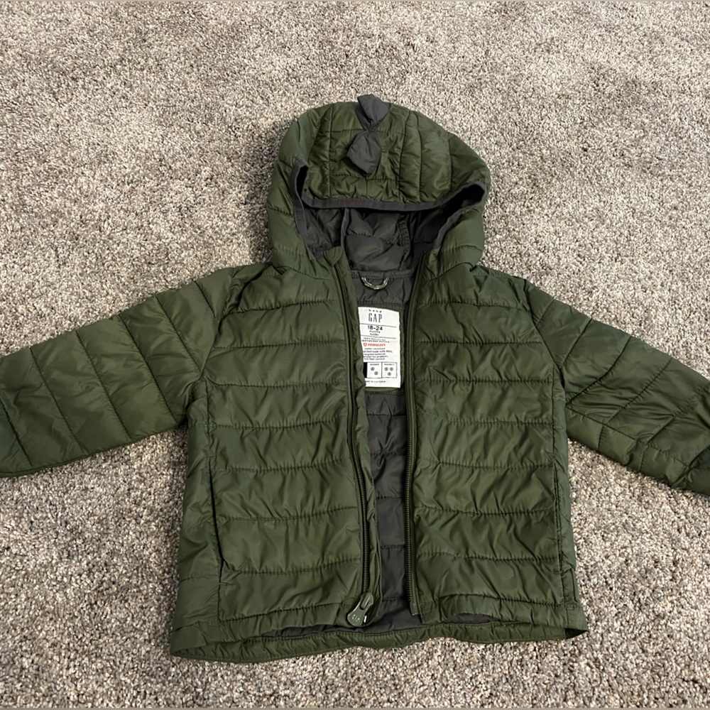 Gap Kids Primaloft water resistant puffer - green with Dinosaur/dragon hood